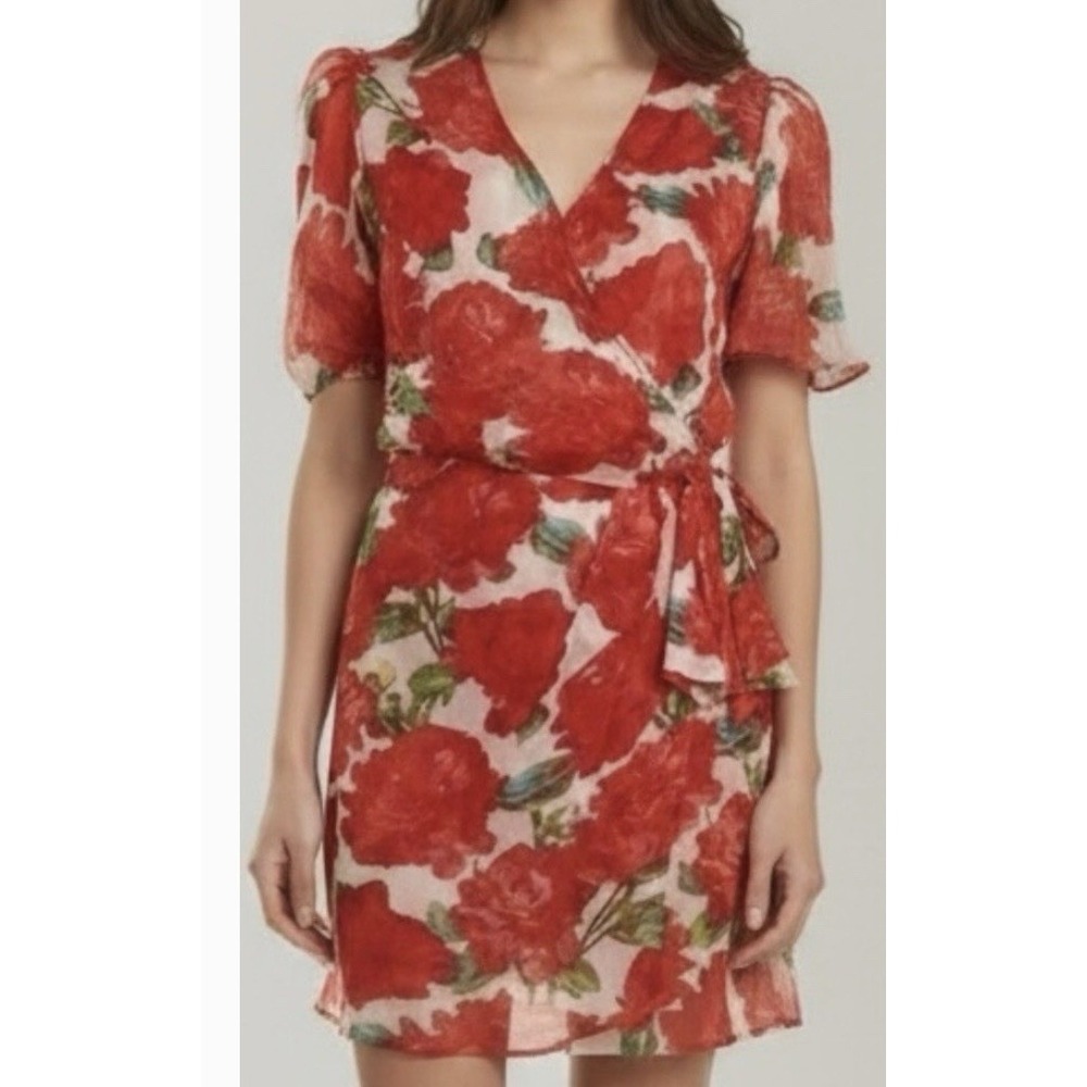 The Kooples Women's Floral Wrap Mini Dress Size 0 Multi Color Short Sleeve NWT